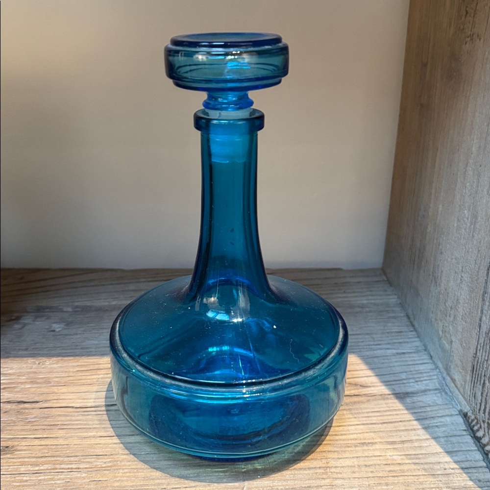 Vintage Mid Century Blue Decanter with Stopper 8” Belgium MCM Genie Bottle
